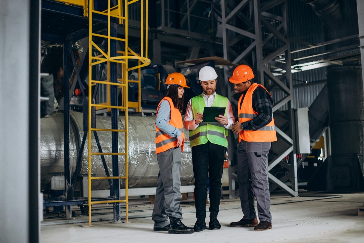 Team reviewing plans on an industrial visit